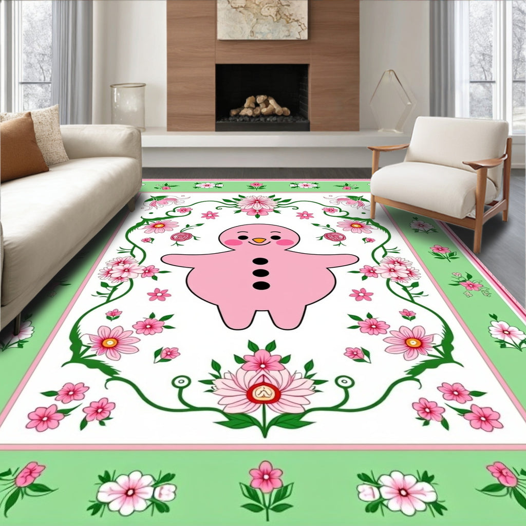 Pink Gingerbread Man Floral Border Rug