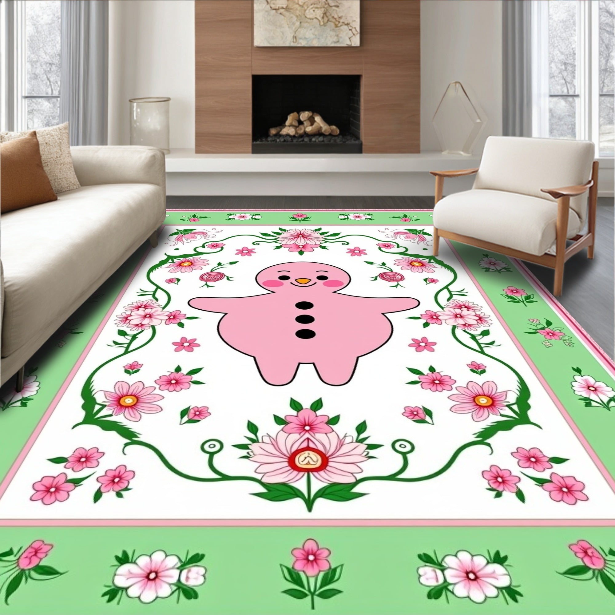 Pink Gingerbread Man Floral Border Rug