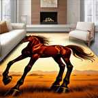 Galloping Chestnut Horse in Sunset Landscape Rug