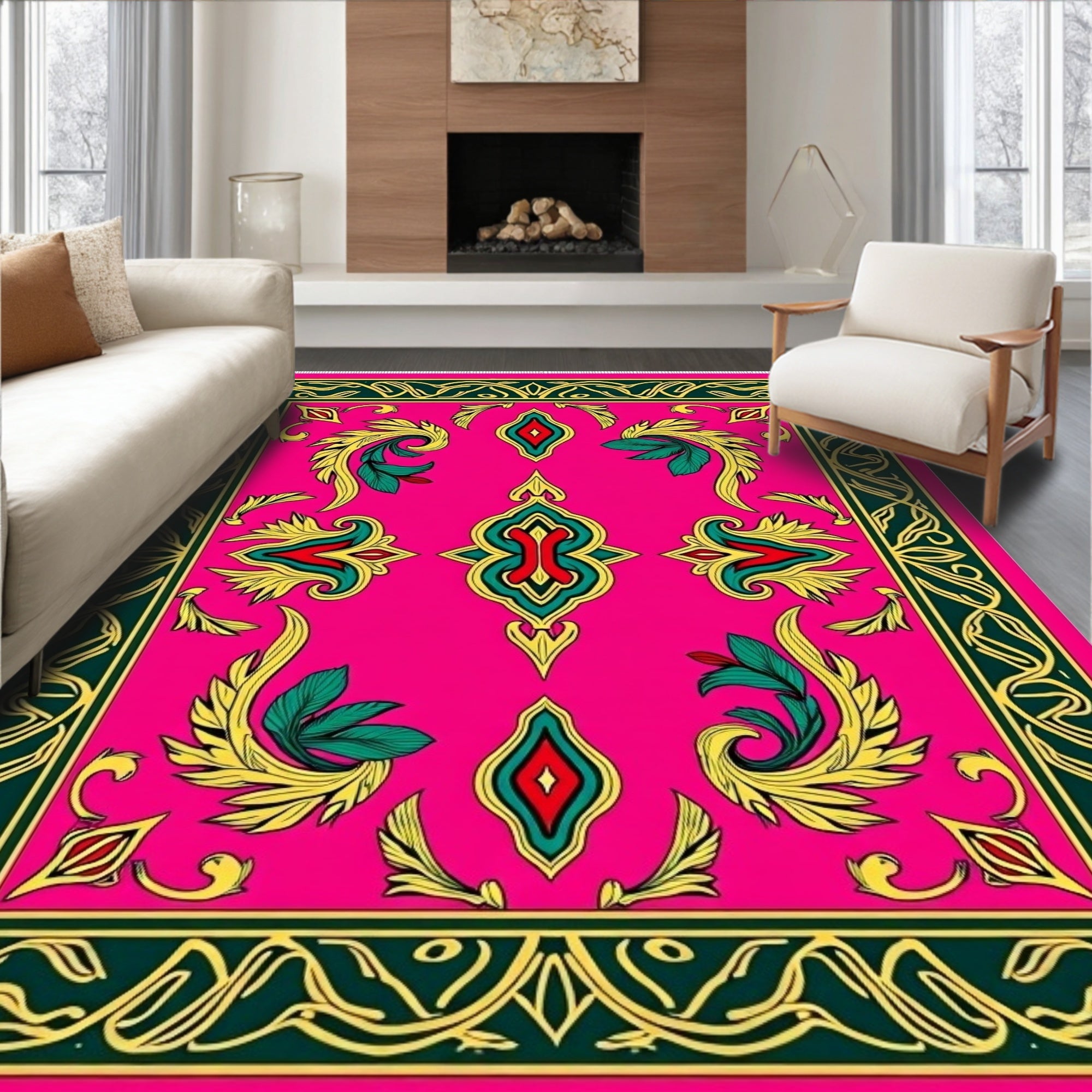 Vibrant Pink Floral Medallion Borders Rug