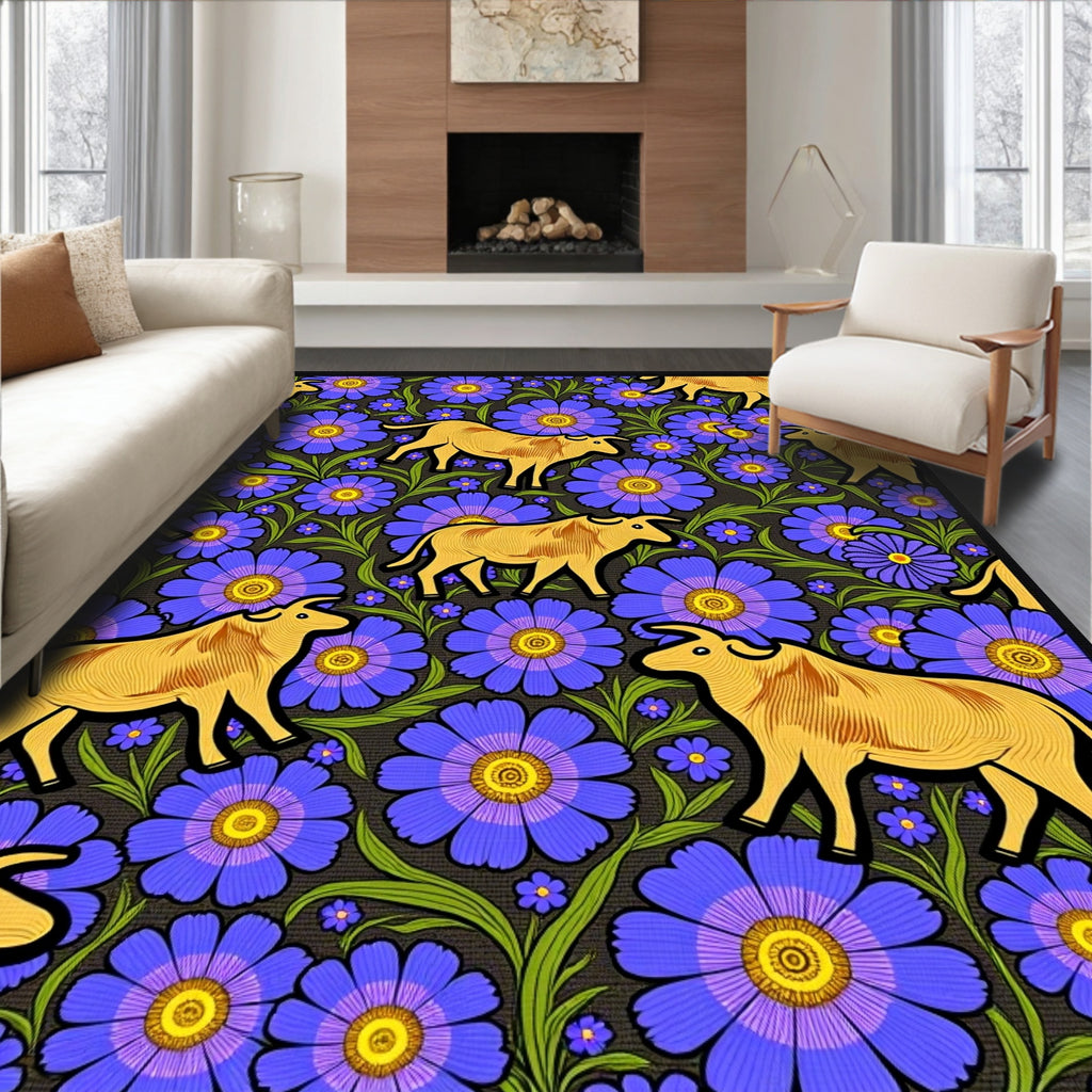 Golden Ox Blue Floral Garden Rug