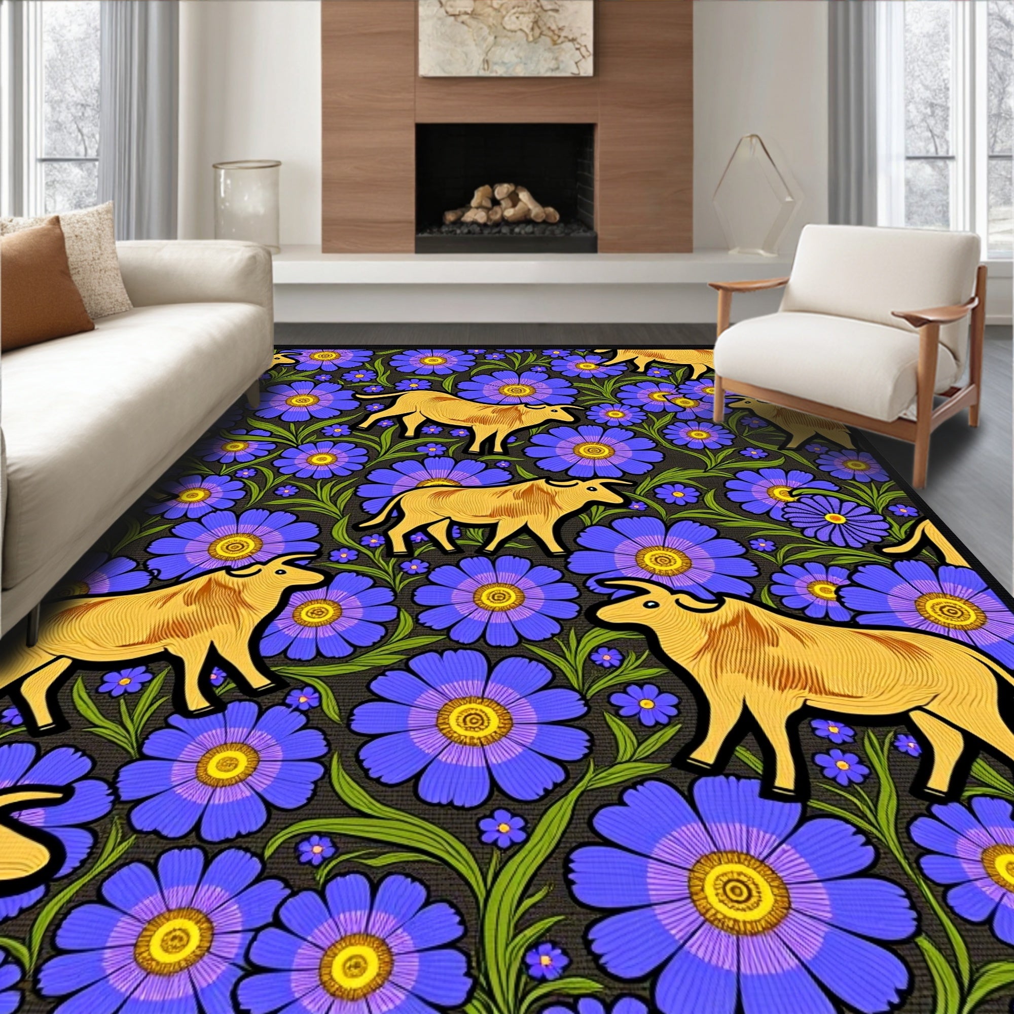 Golden Ox Blue Floral Garden Rug