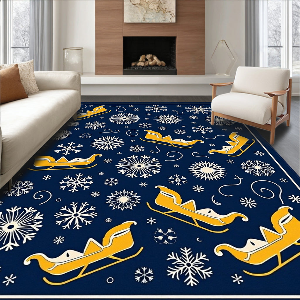 Navy Sleigh Snowflake Winter Collection Rug