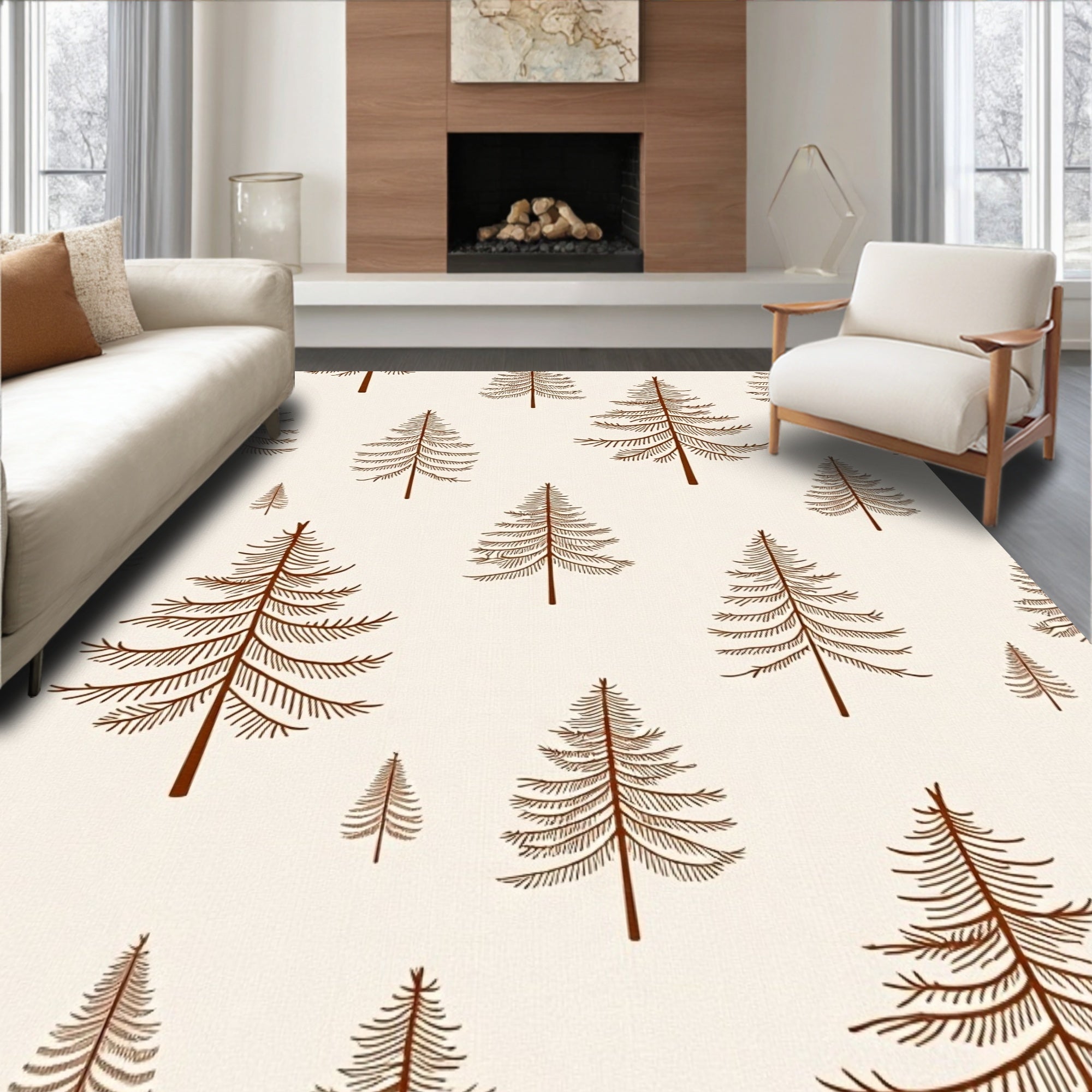 Brown Pine Trees Folk Art Rug