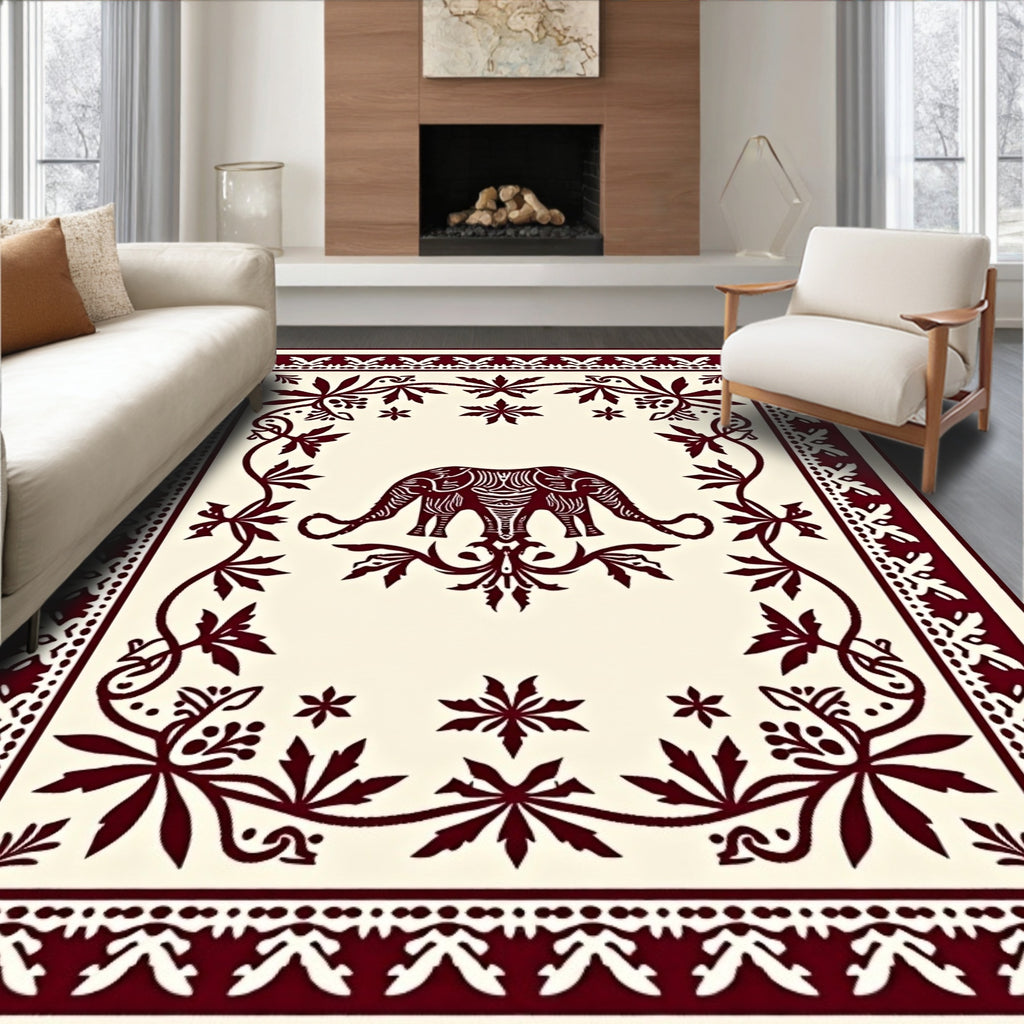Crimson Elephant Floral Frame Rug