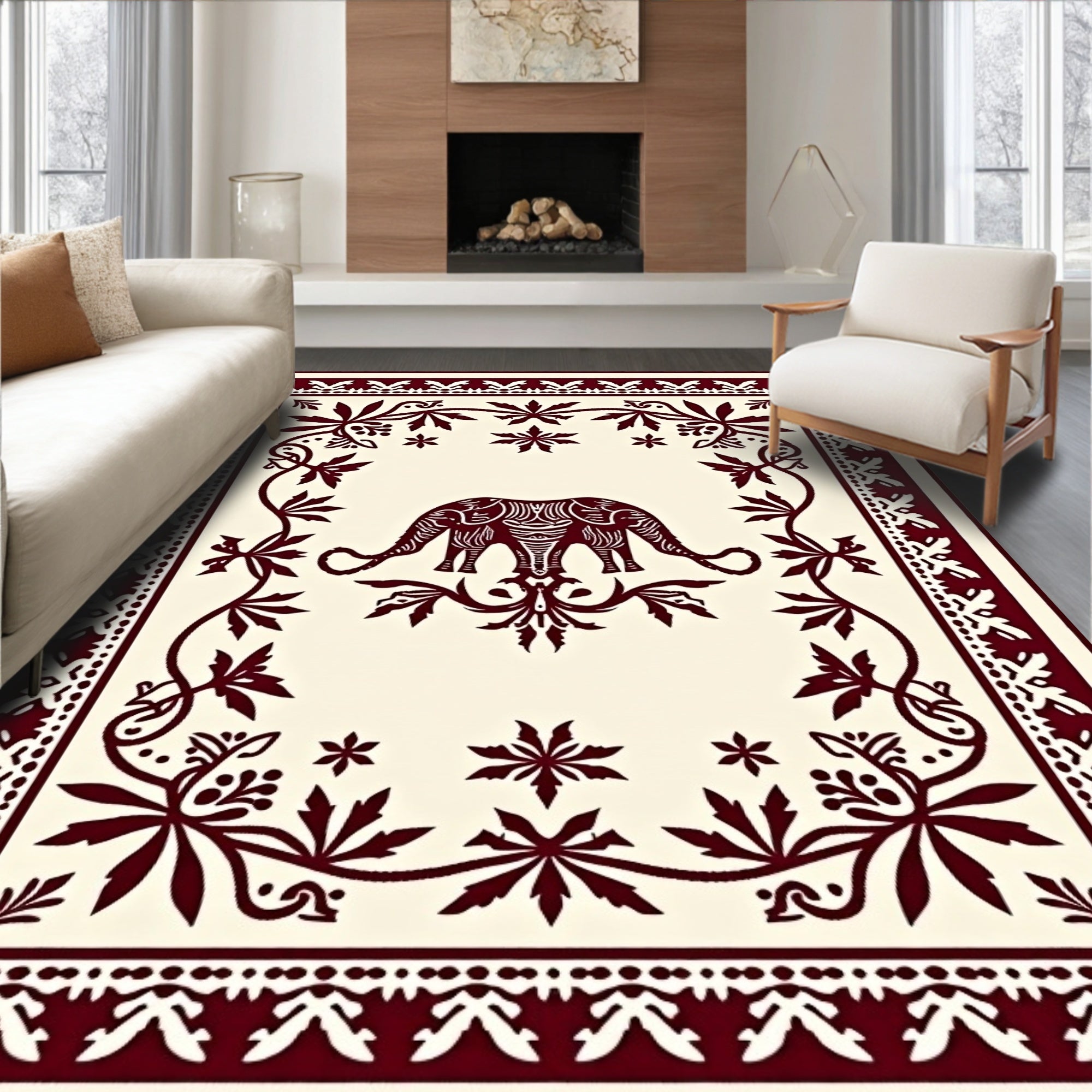 Crimson Elephant Floral Frame Rug
