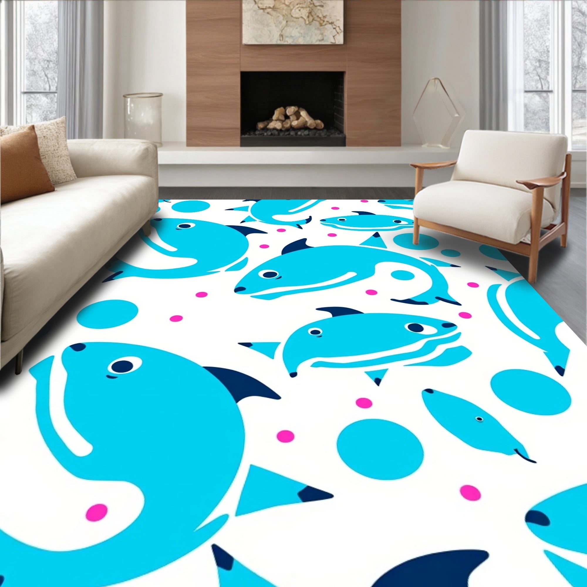 Whimsical Blue Fish Bubble Splash Rug