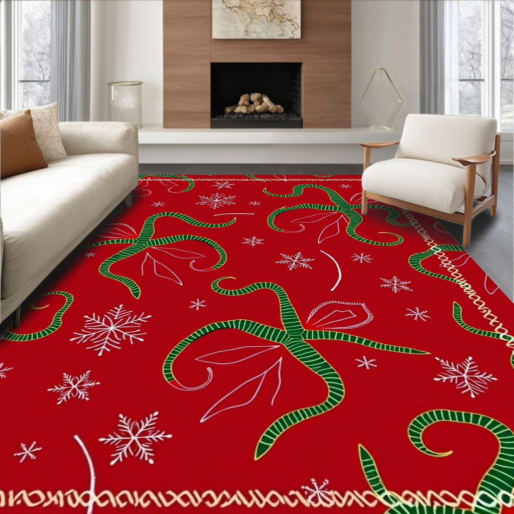 Red Green Floral Snowflakes Border Rug