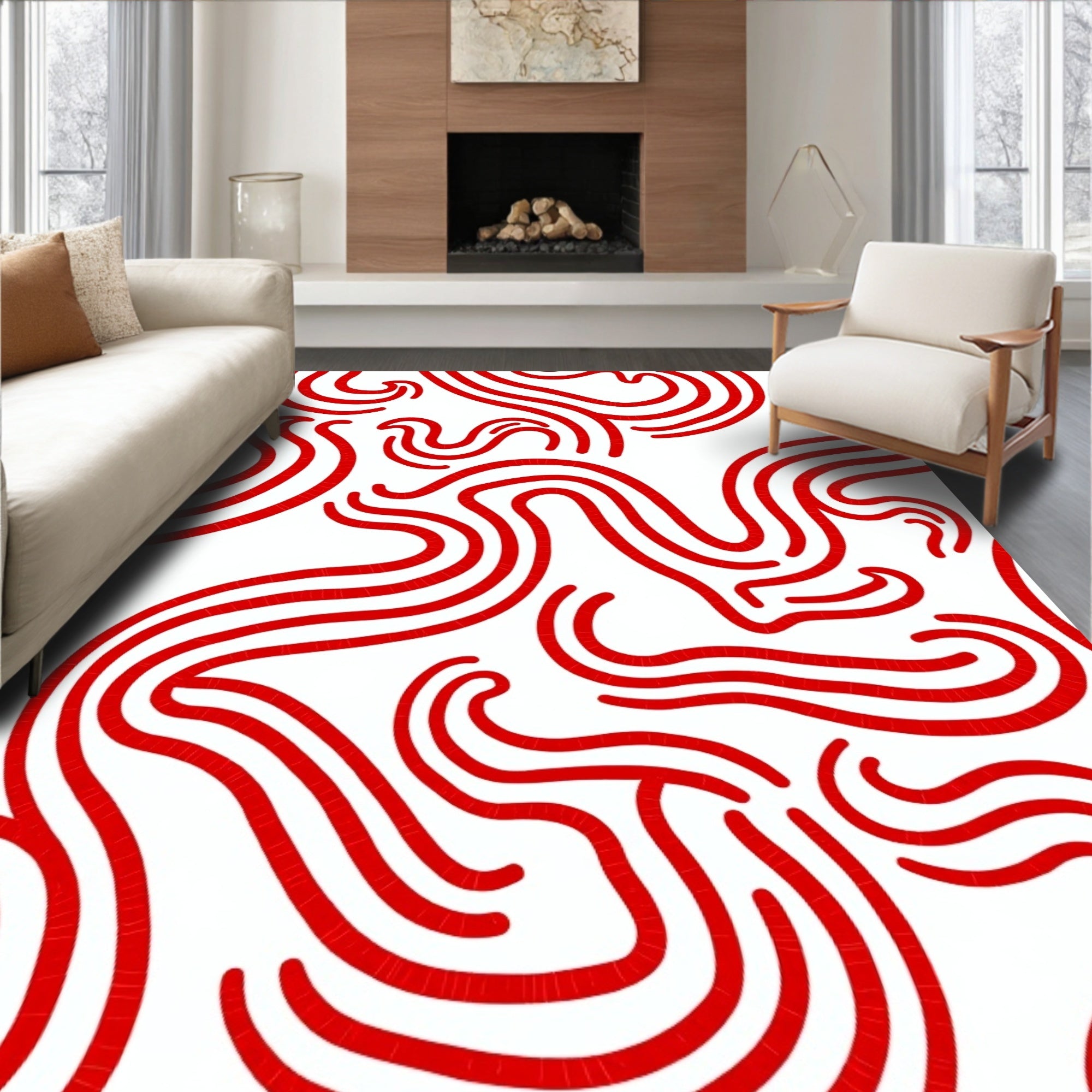 Dynamic Crimson Wavy Lines Rug