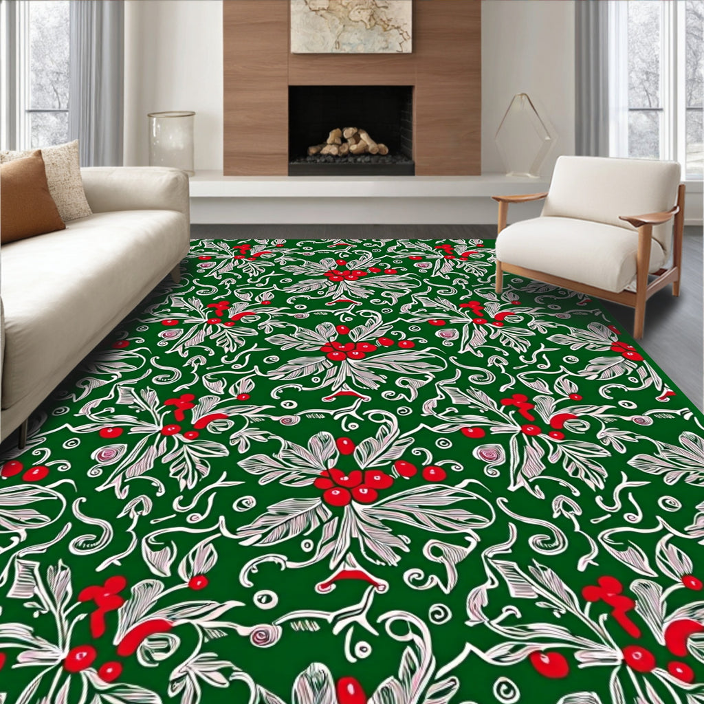 Festive Holly Berry Swirls Green Rug