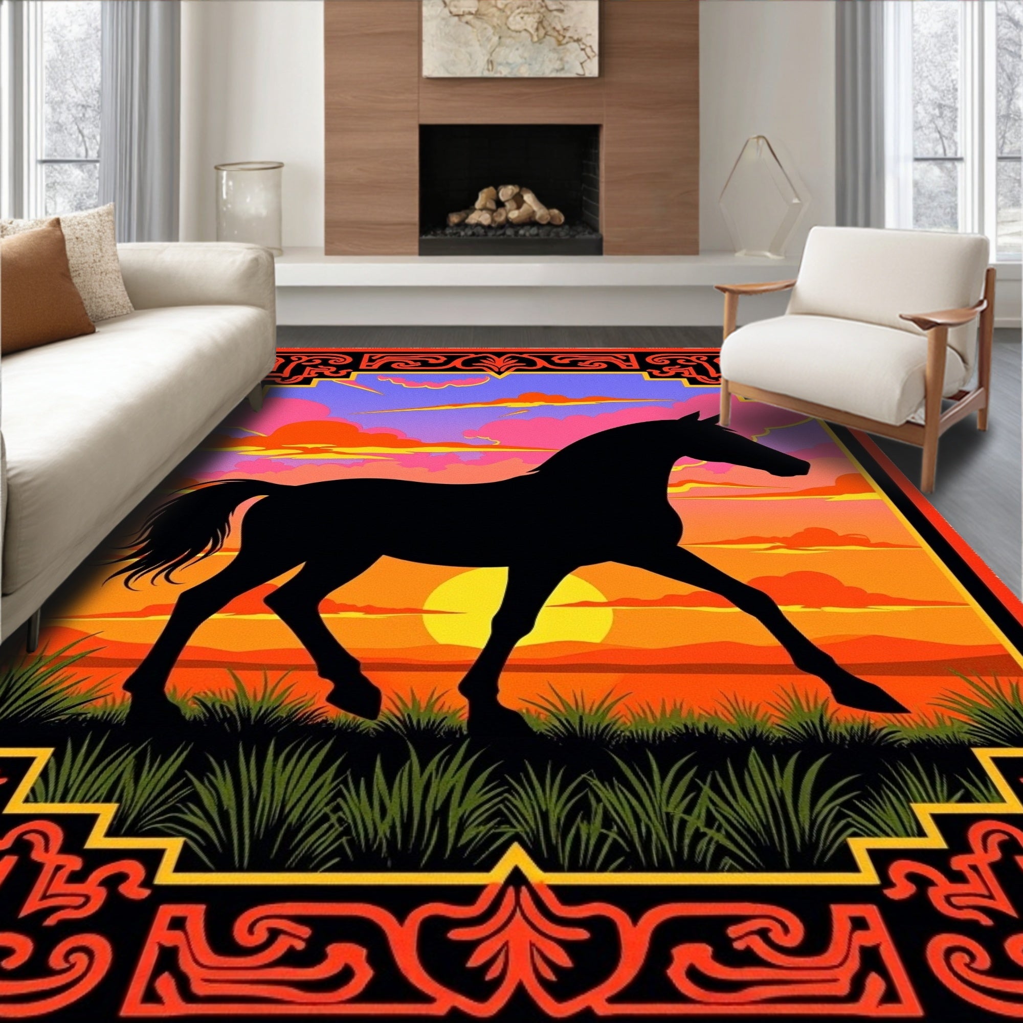 Bold Black Horse Sunset Sky Rug