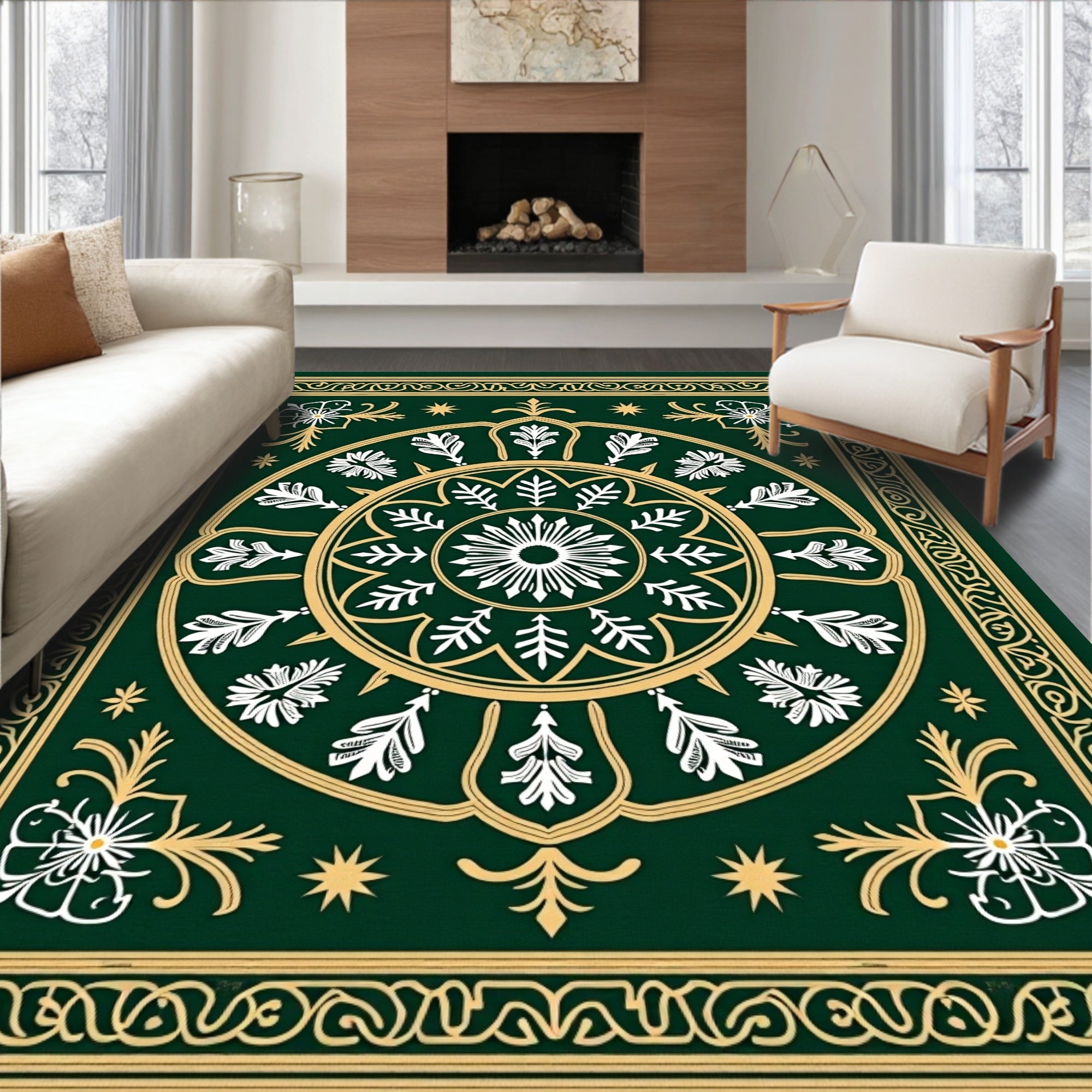Emerald Green Floral Medallion Mandala Rug