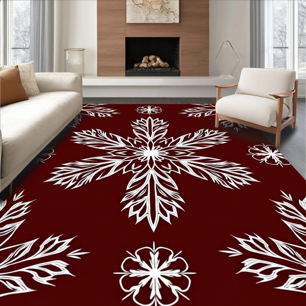 Deep Red White Snowflake Bloom Accent Rug