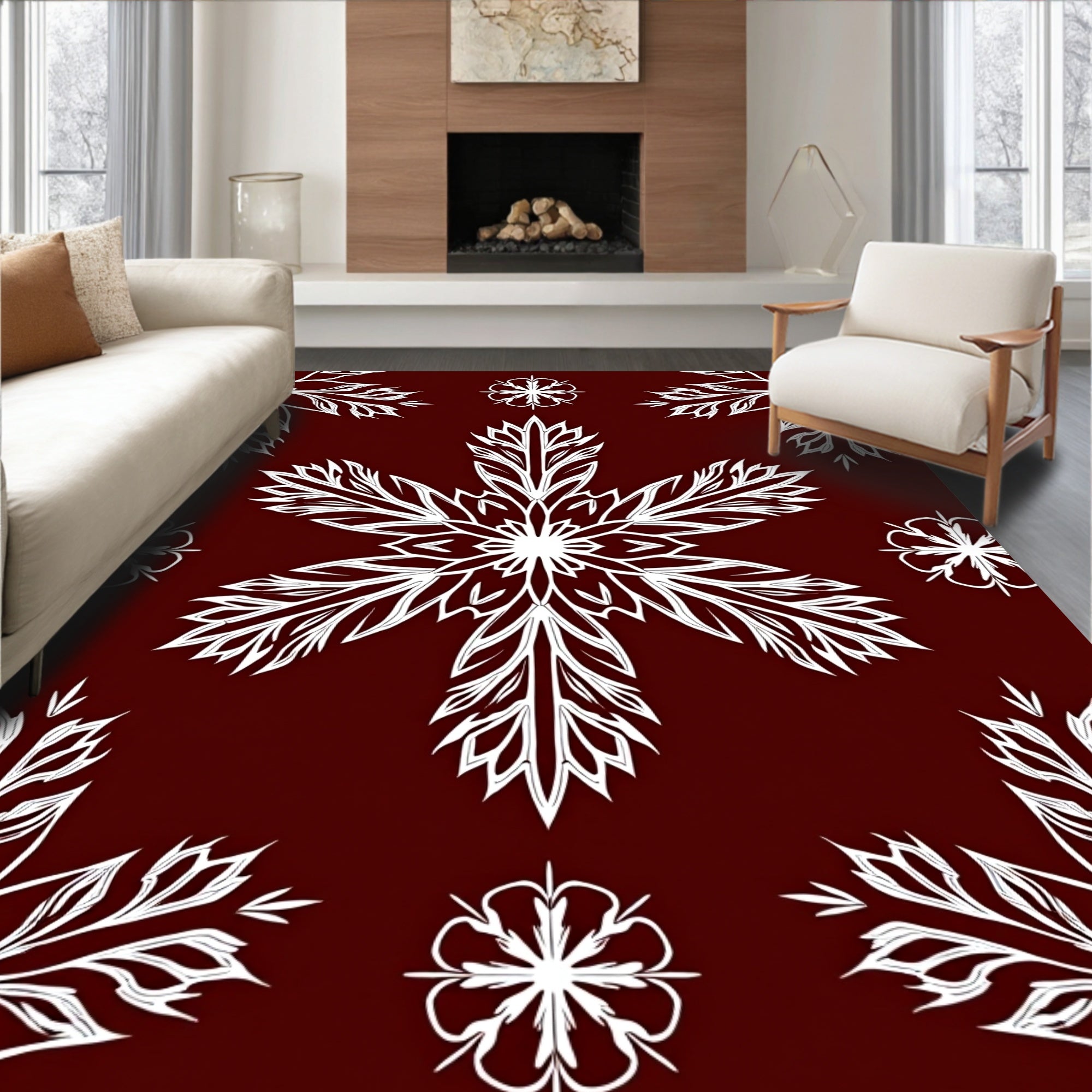 Deep Red White Snowflake Bloom Accent Rug