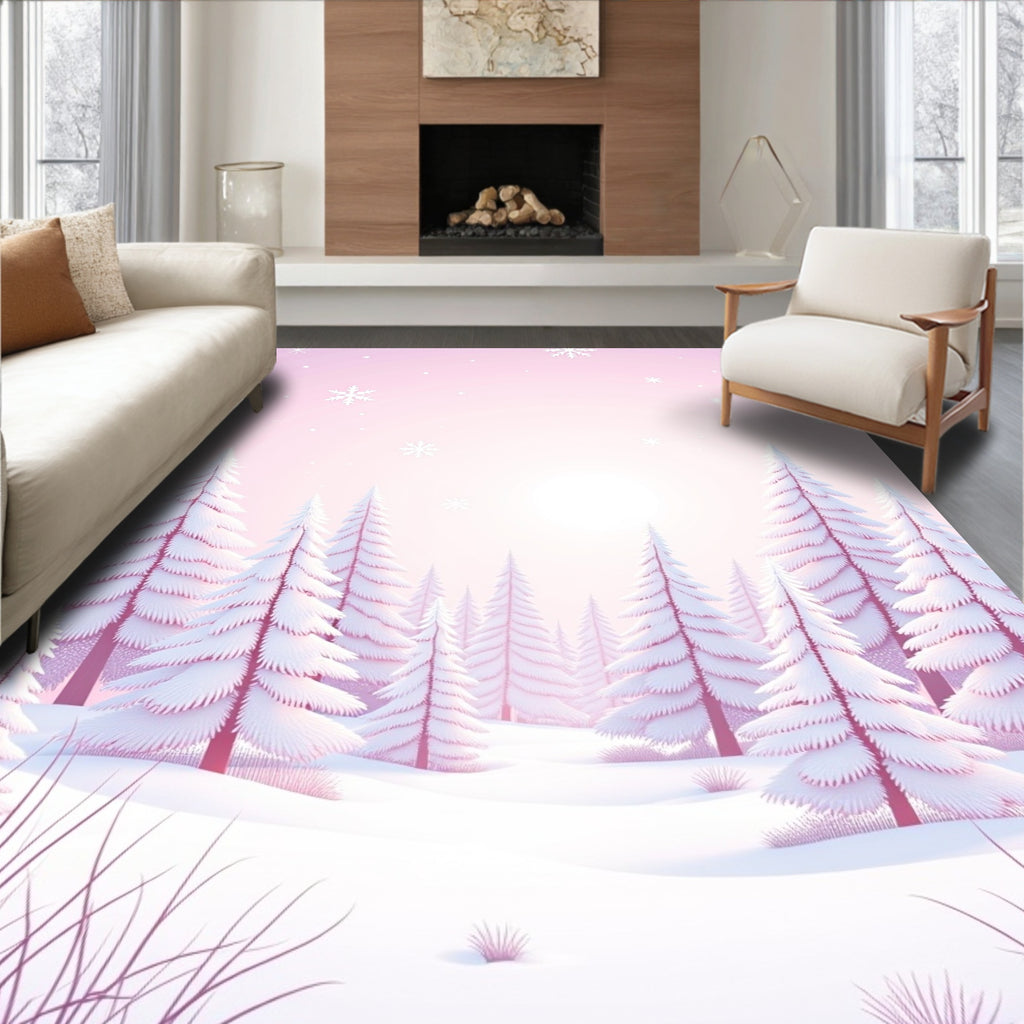 Pink Winter Snowfall Forest Trees Rug