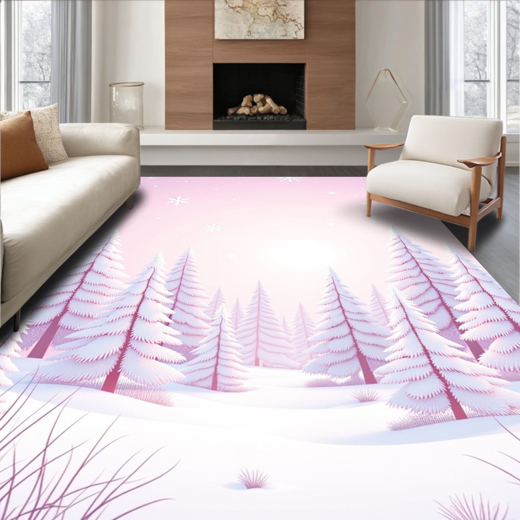 Pink Winter Snowfall Forest Trees Rug