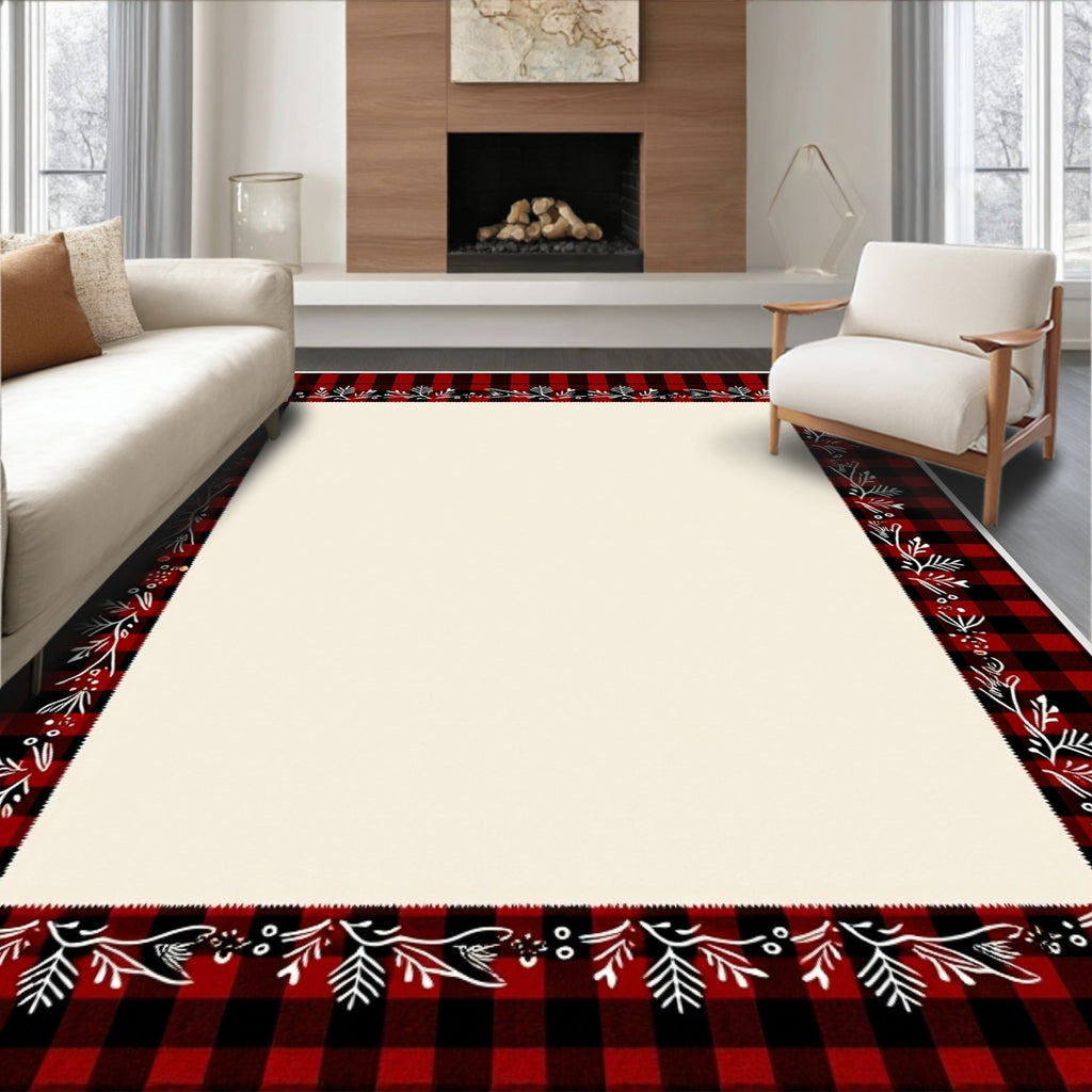 Red Black Buffalo Check Floral Border Rug