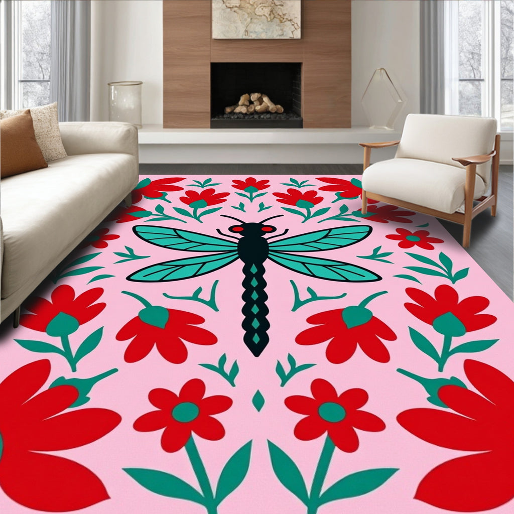 Whimsical Pink Red Dragonfly Floral Rug