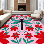 Whimsical Pink Red Dragonfly Floral Rug