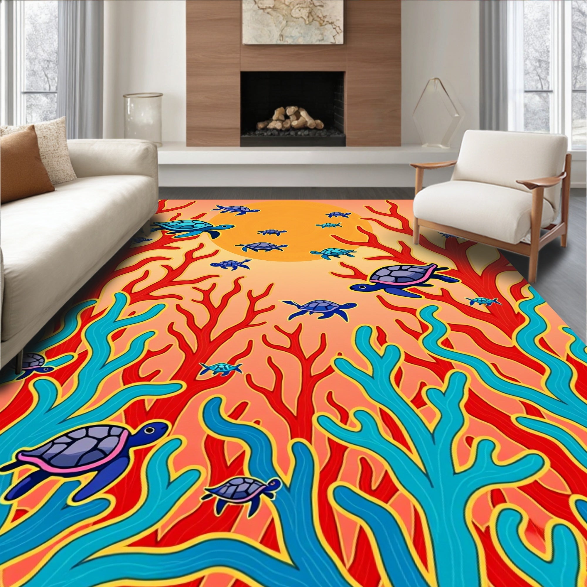 Vibrant Sea Turtle Coral Reef Scene Rug