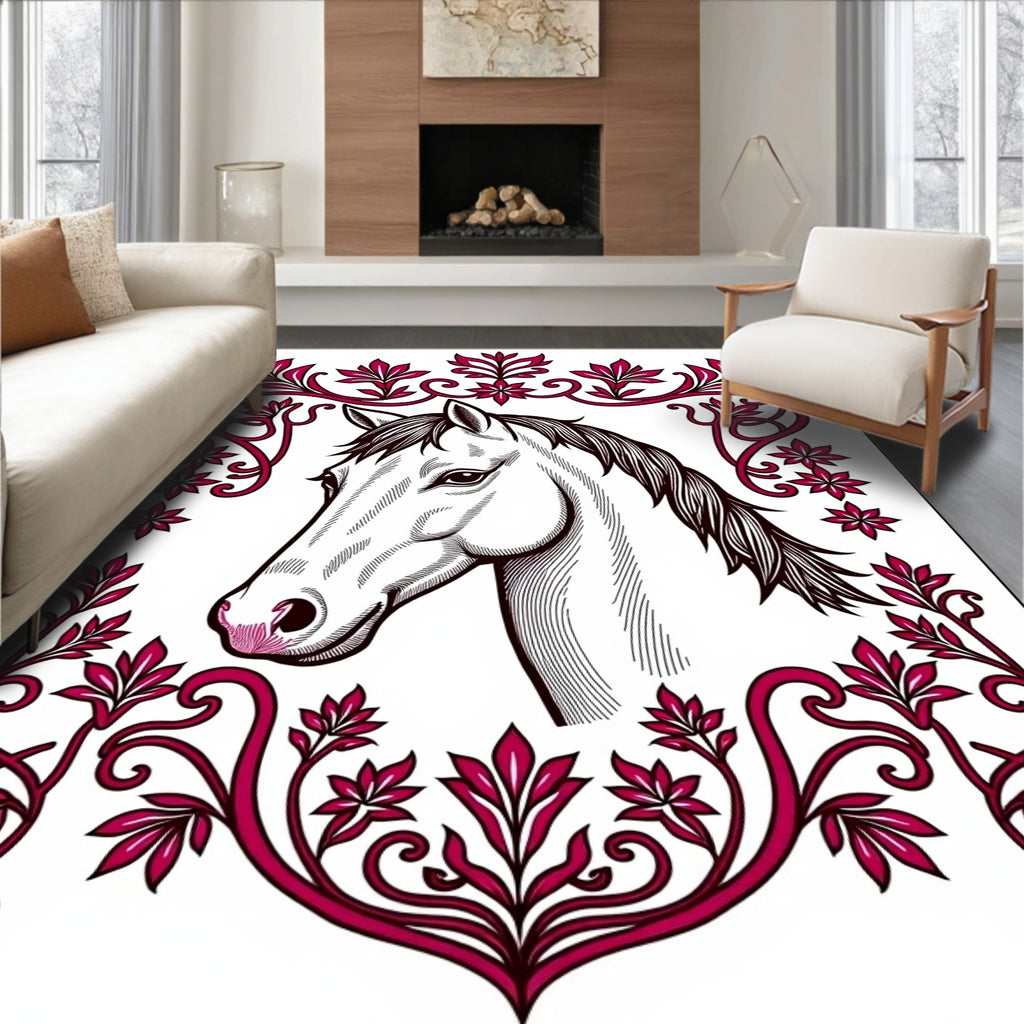 Elegant White Horse Floral Frame Rug