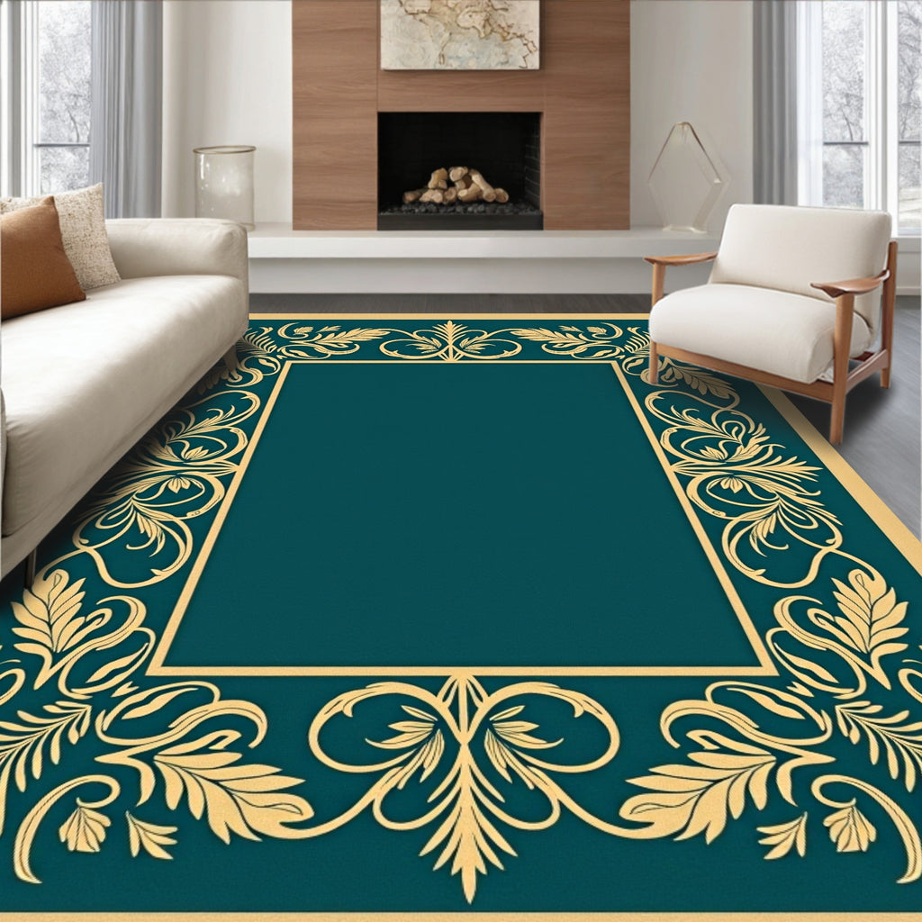 Golden Teal Acanthus Scroll Border Rug