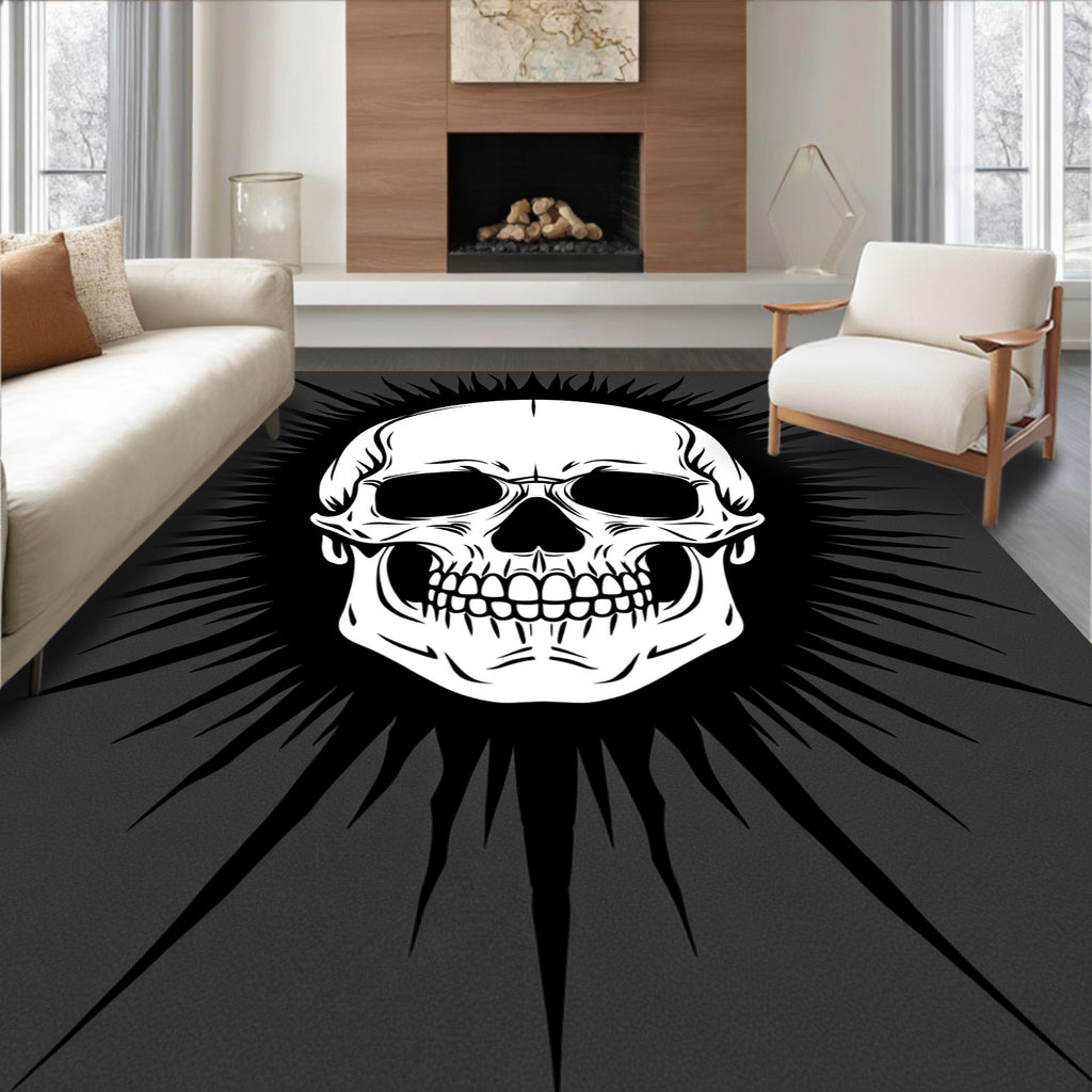 White Skull Sunburst Black Rug