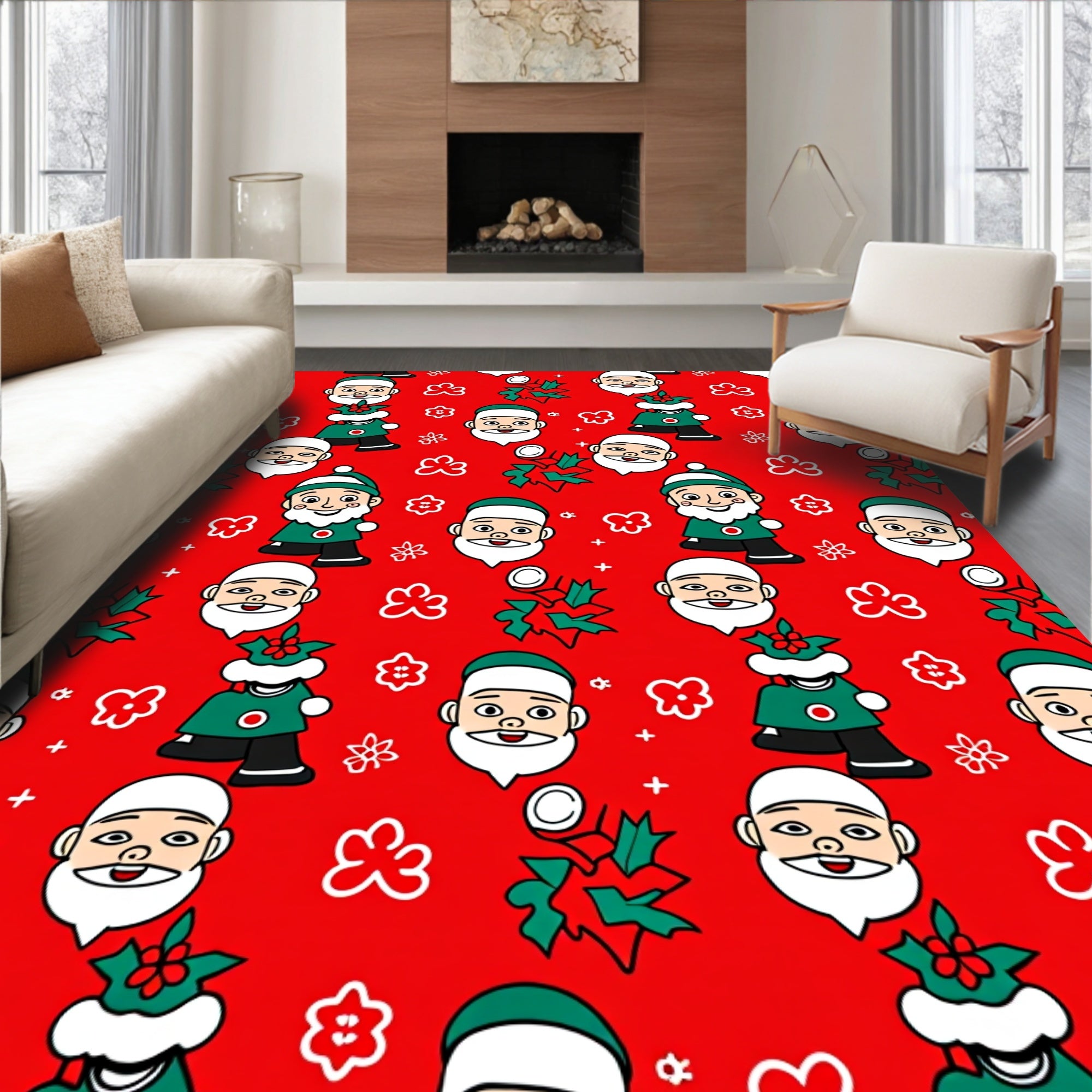 Charming Santa Claus Poinsettia Collection Rug
