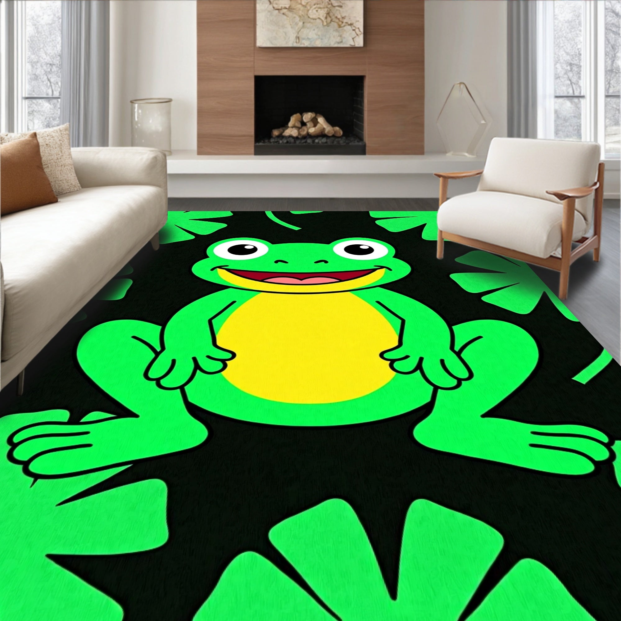 Happy Green Frog Lily Pad Art Rug