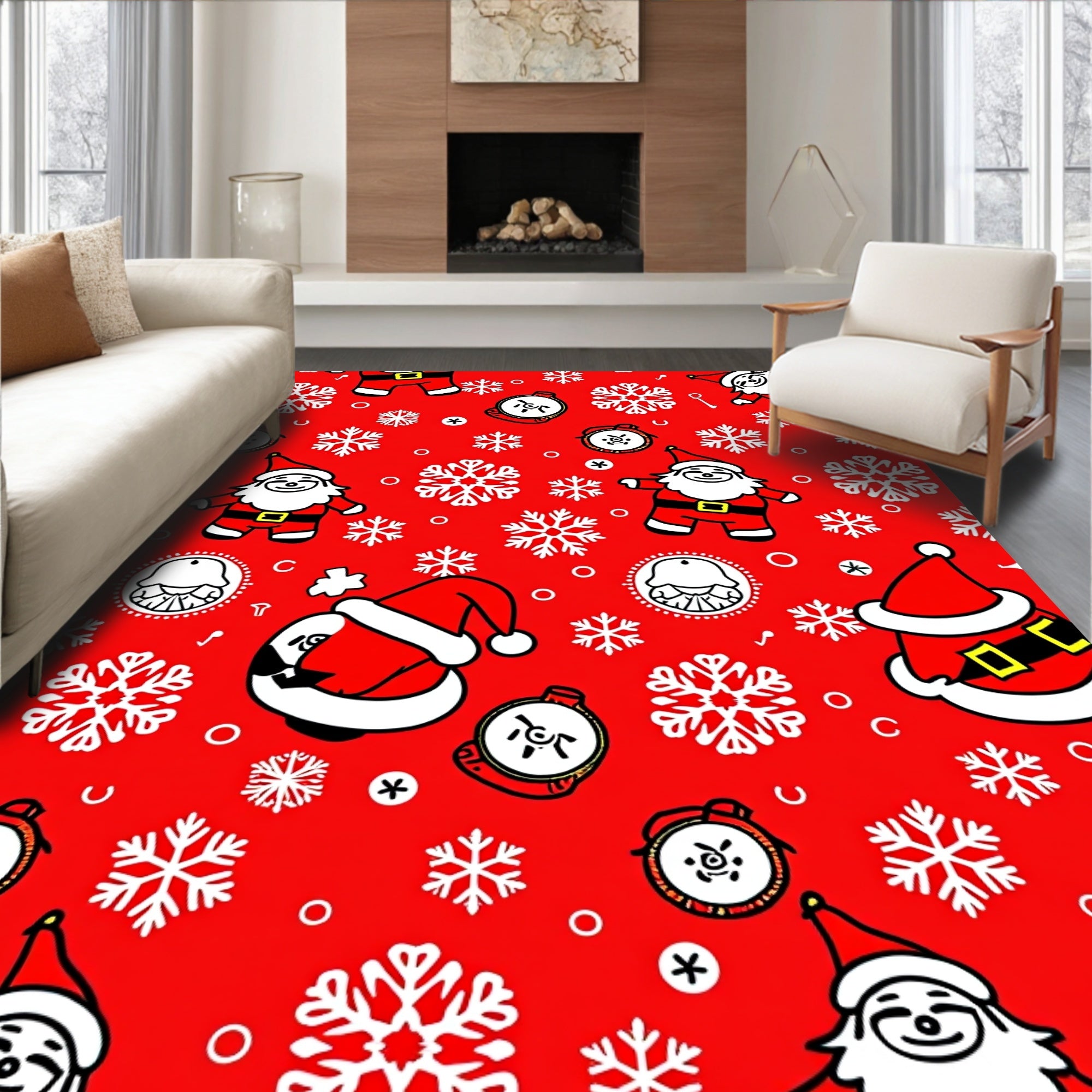 Red Santa Claus Snowflakes Alarm Clocks Rug