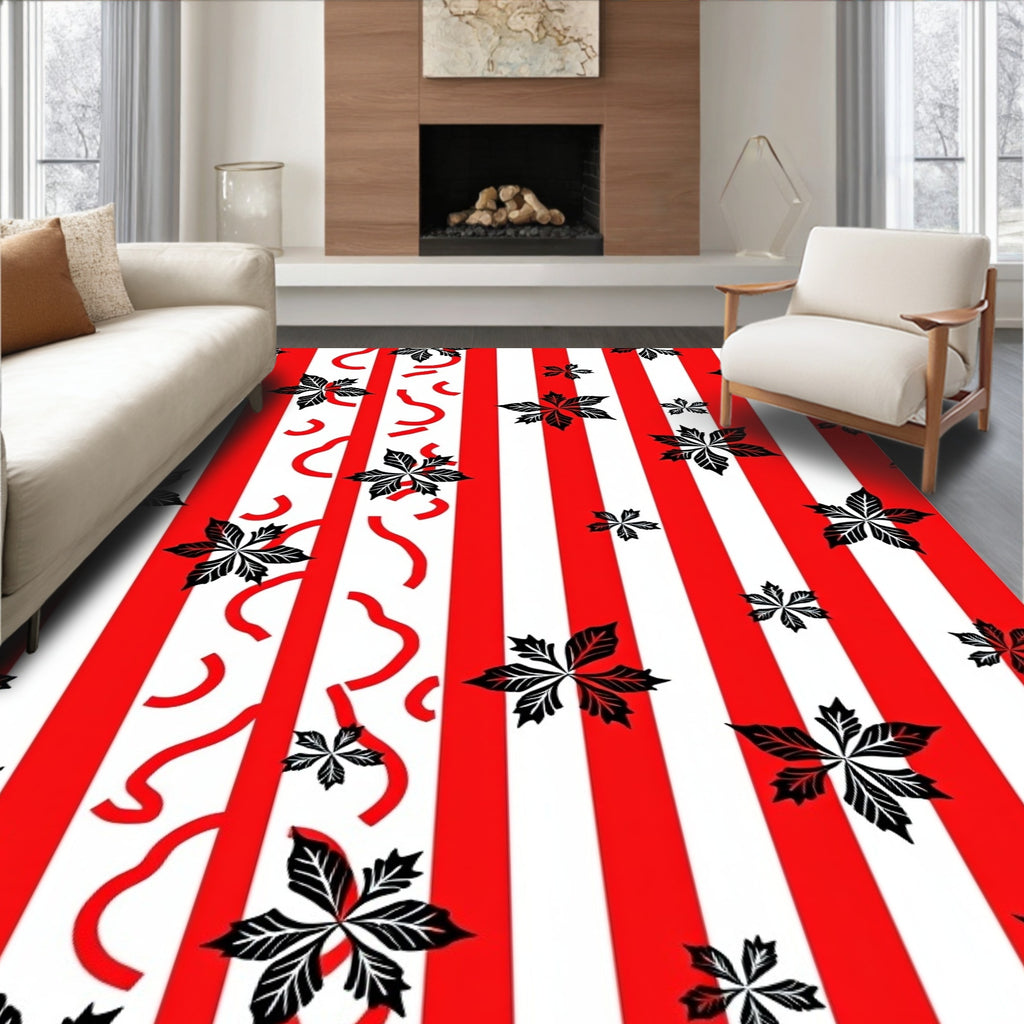 Bold Red White Striped Leaf Design Rug