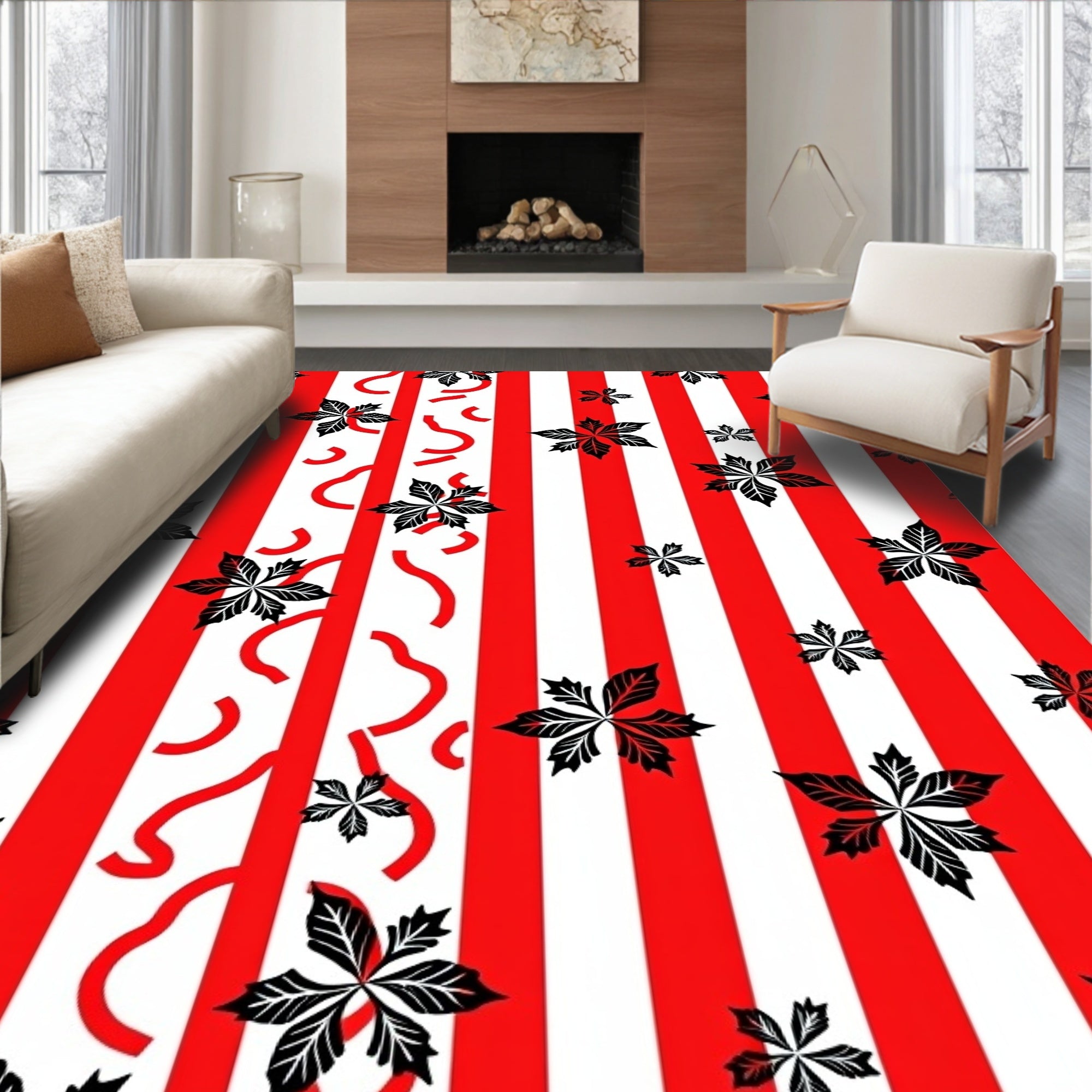 Bold Red White Striped Leaf Design Rug