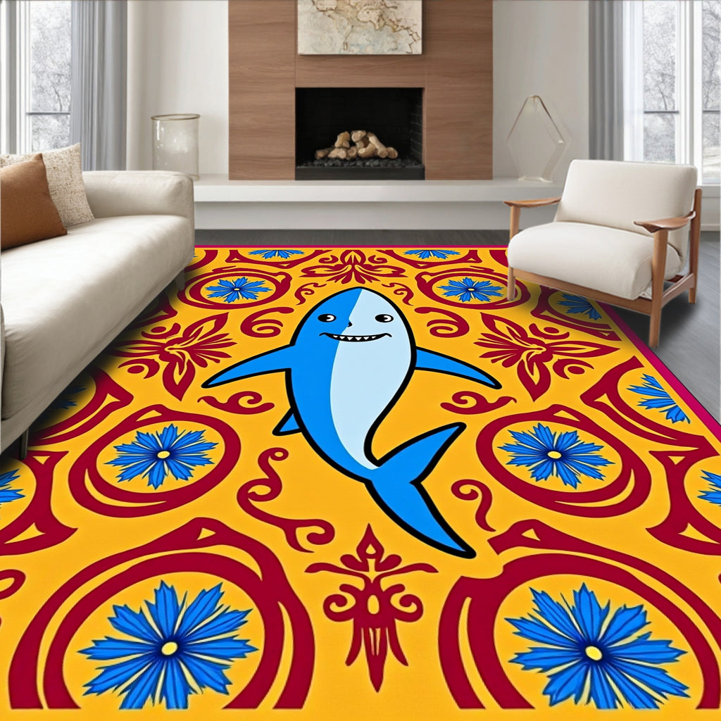 Whimsical Blue Shark Yellow Floral Rug