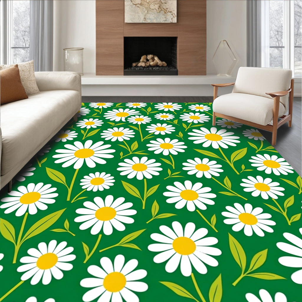 White Daisy Green Field Floral Rug