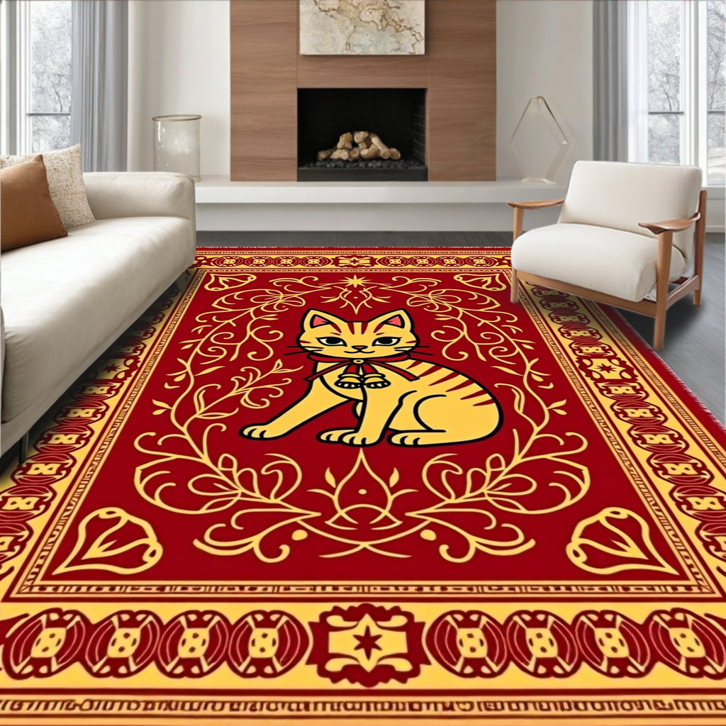 Golden Cat With Bells Red Rug
