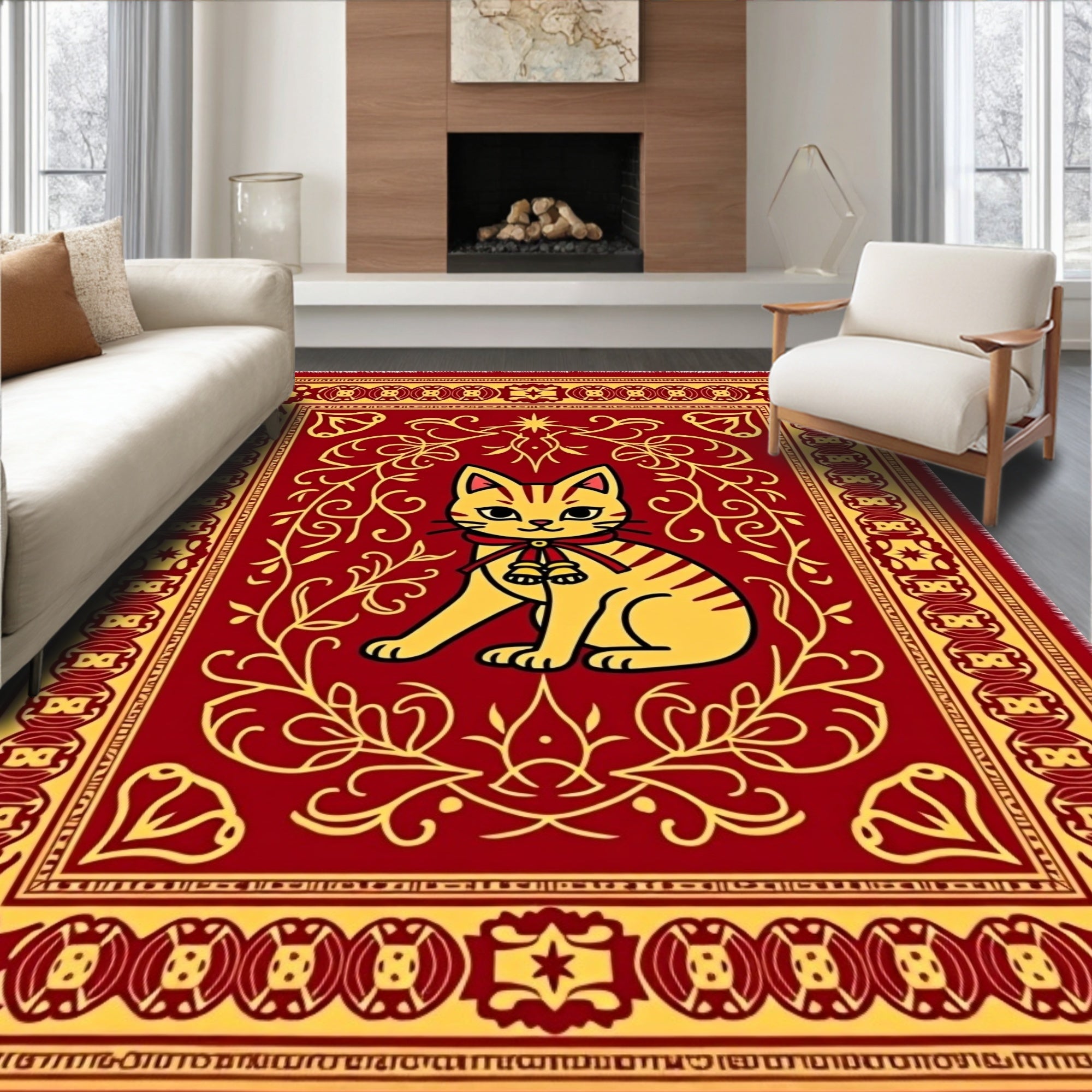 Golden Cat With Bells Red Rug