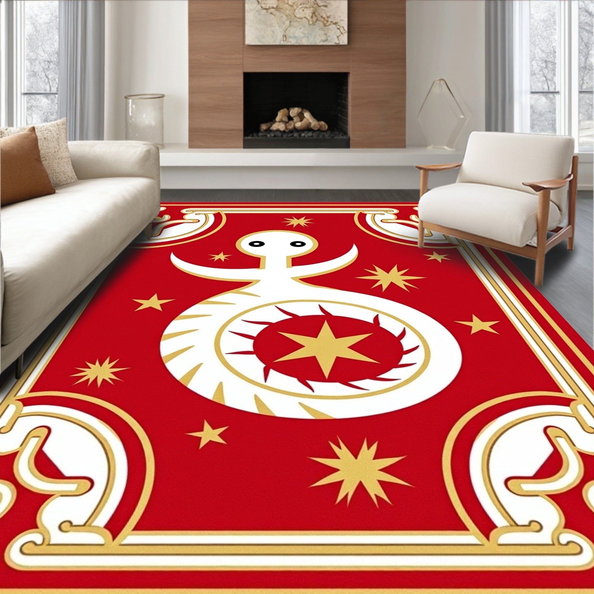 Crimson White Figure Golden Stars Rug
