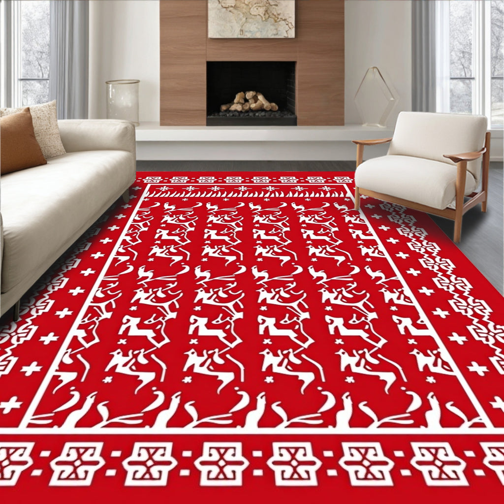 Red White Reindeer Festive Border Rug