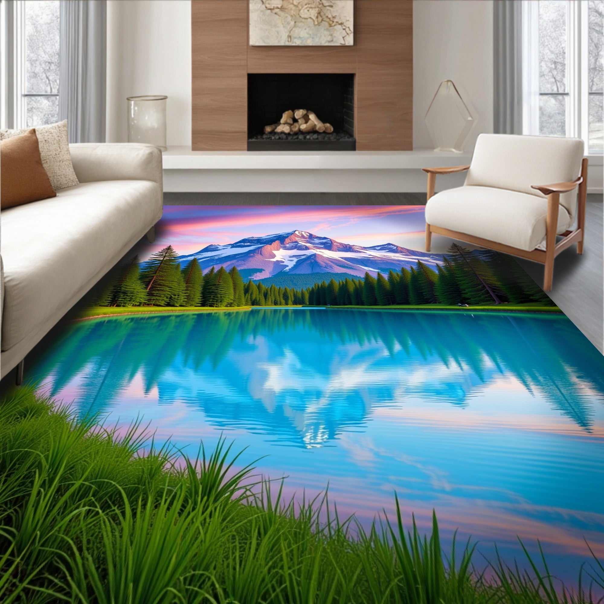 Serene Mountain Lake Sunset Reflection Rug