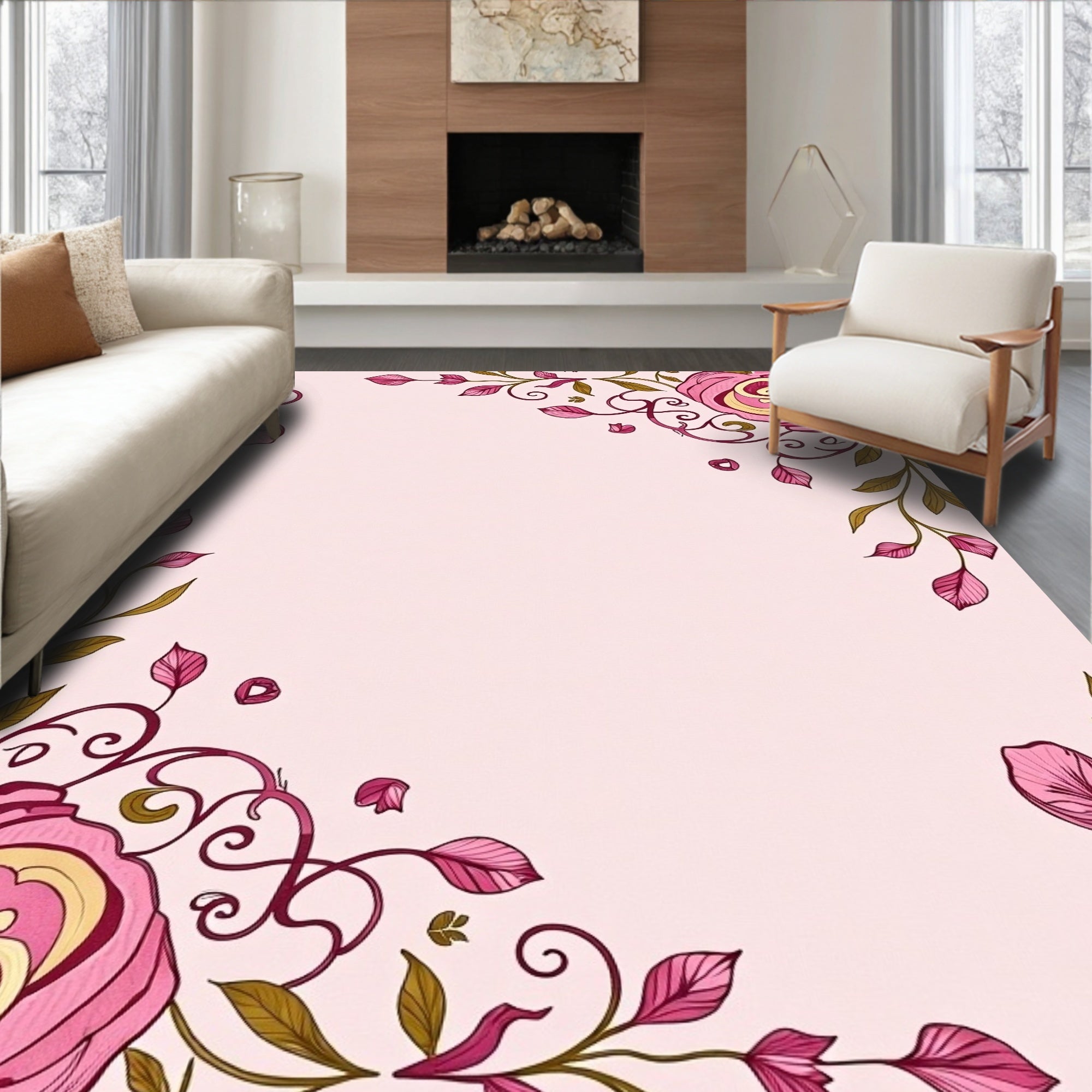 Vibrant Pink Rose Garden Leafy Swirls Rug