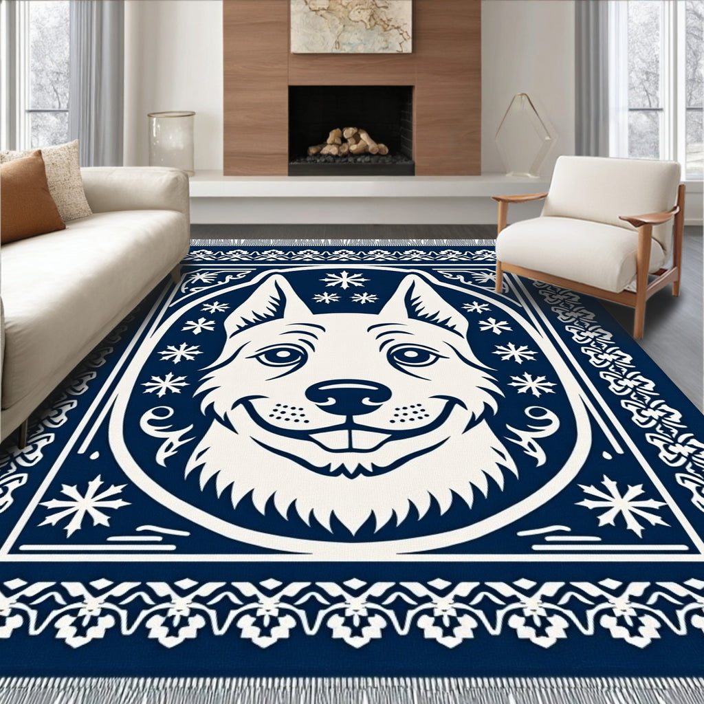 Navy Cream Smiling Dog Medallion Rug