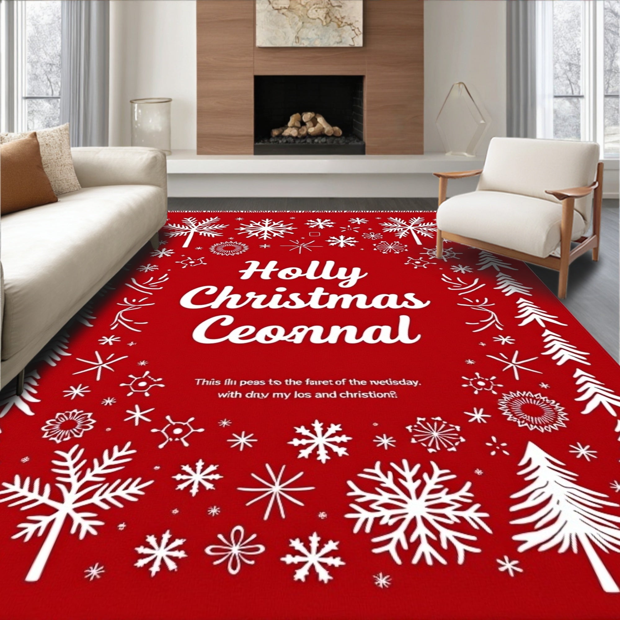 Red White Snowflake Christmas Trees Rug