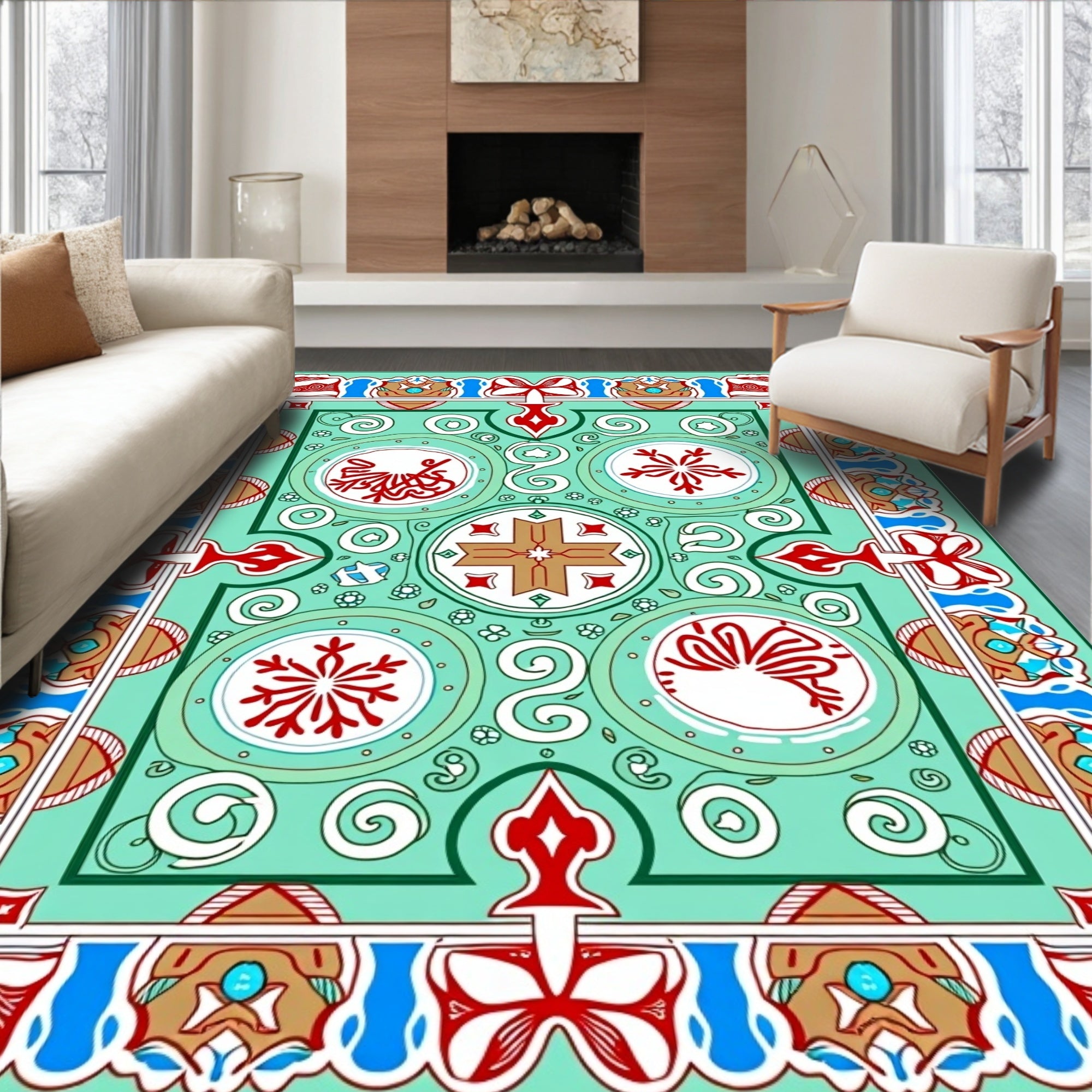 Aqua Teal Red Medallion Scroll Rug