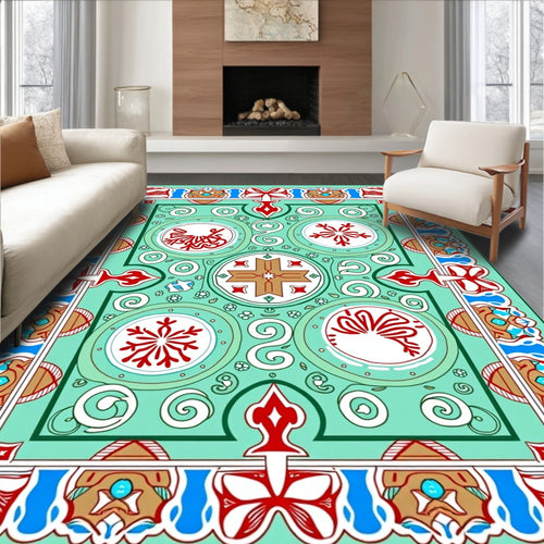 Aqua Teal Red Medallion Scroll Rug