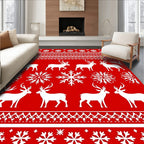 Red White Deer Snowflakes Scandinavian Rug