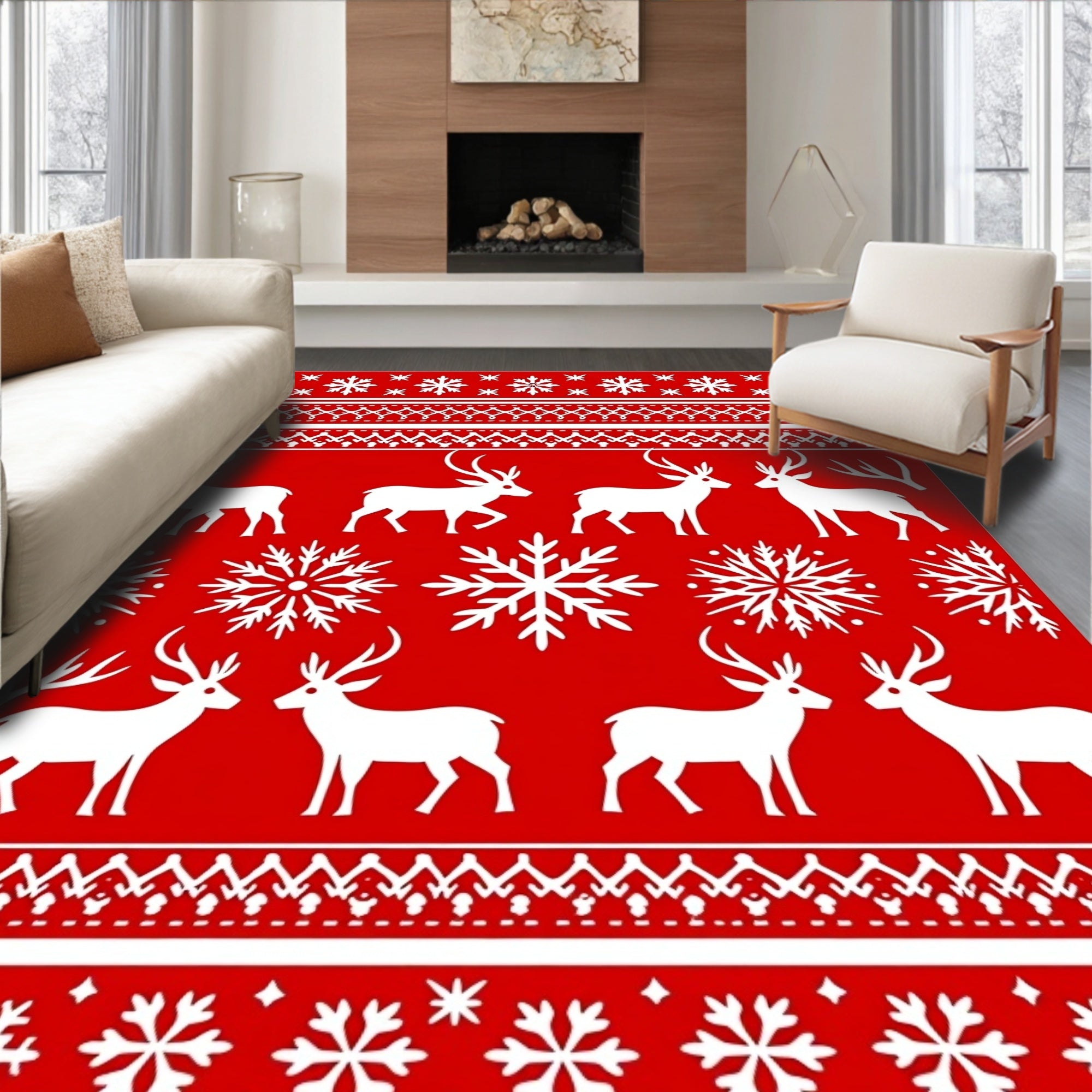 Red White Deer Snowflakes Scandinavian Rug