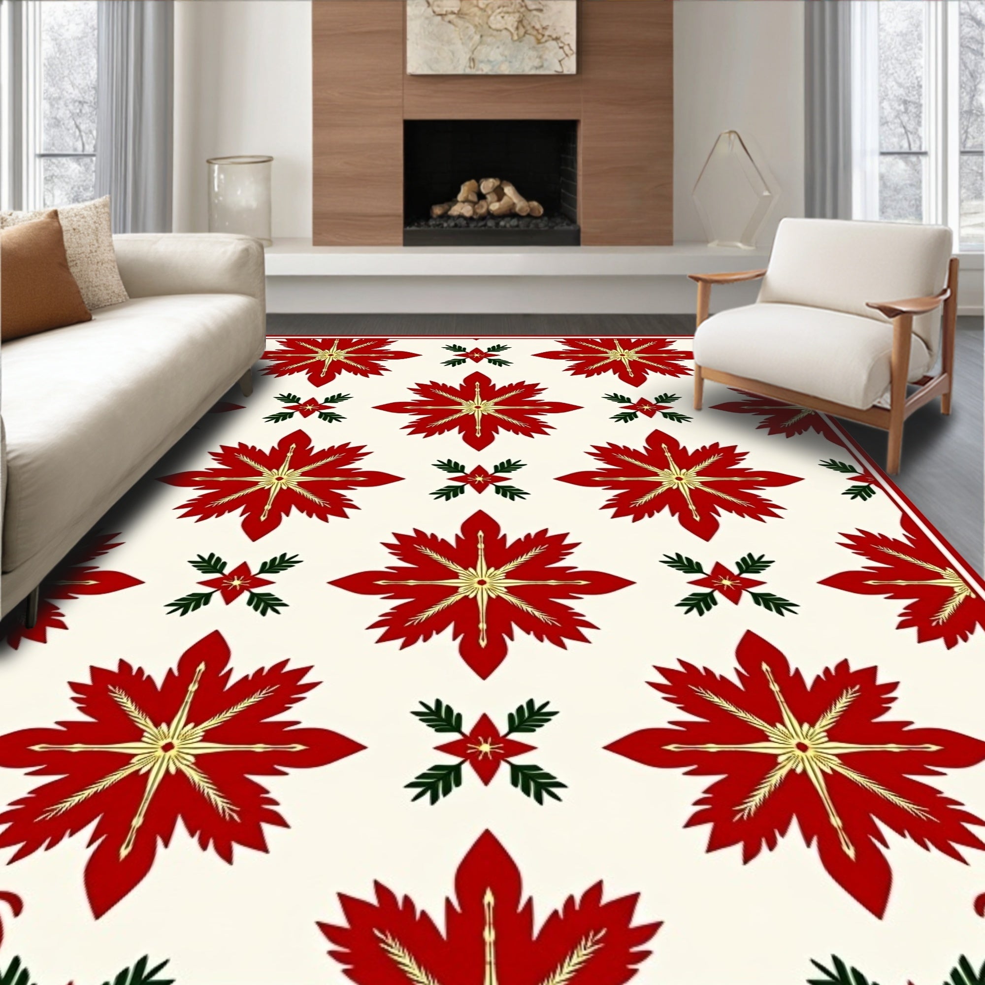 Red Floral Star Medallion Cream Rug