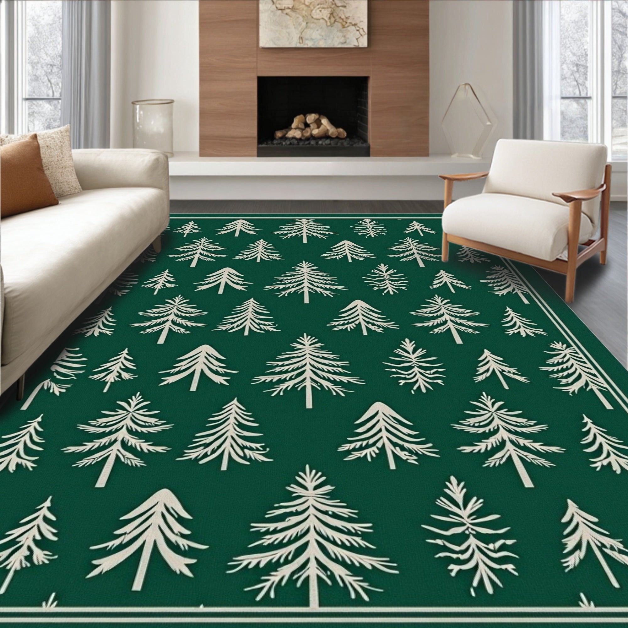 Green Woodland Pine Tree Collection Rug