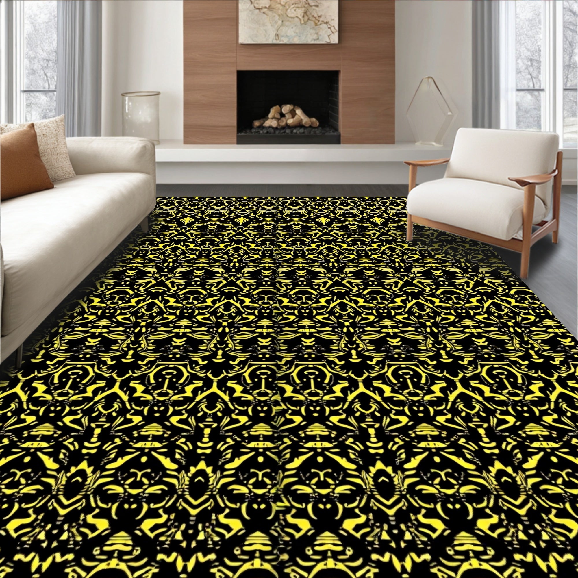 Opulent Yellow Black Baroque Flourish Rug