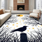 Golden Moon Silhouetted Crow Stars Trees Rug